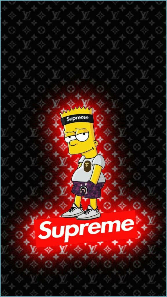 Bart Simpson in Supreme outfit and sunglasses with red glowing logo luxury wallpaper background