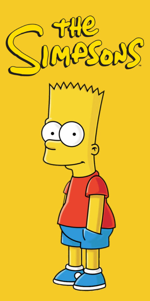 Bart Simpson standing bright yellow background with The Simpsons logo wallpaper design