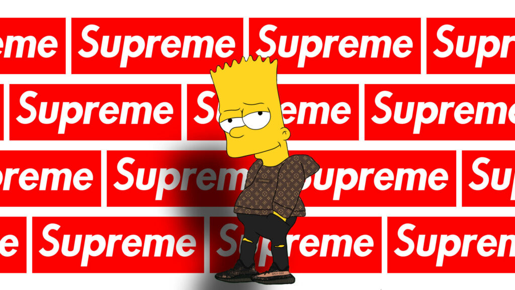 Bart Simpson in designer streetwear standing confidently against bold red white Supreme logo wall Wallpaper