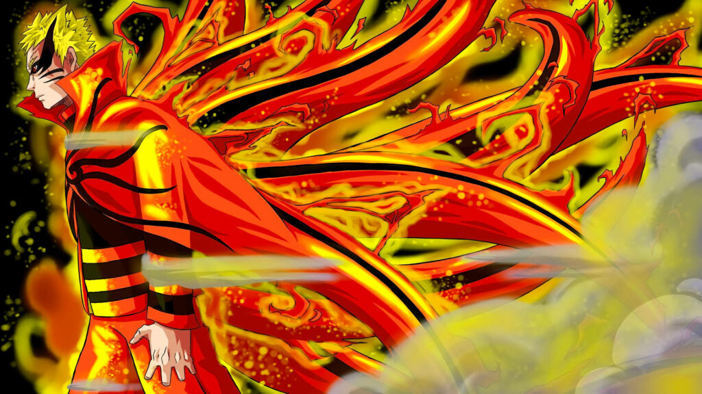 Burning with Power: Naruto Uzumaki's Fiery Baryon Mode Surrounded by a Smoky Abyss Wallpaper
