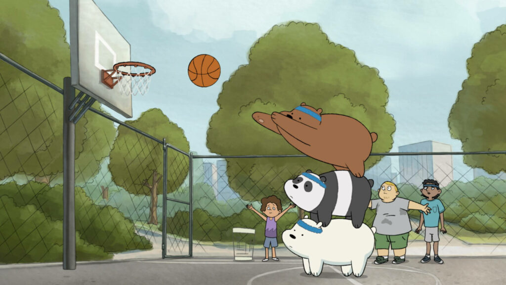 Slam Dunk with We Bare Bears: Animated Wallpaper of Pan-Pan, Ice, and Grizz in Basketball Court with Kids