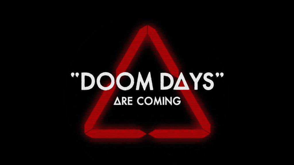 Bastille wallpaper with bold red triangle and white Doom Days Are Coming text on black background