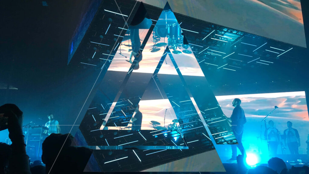 Bastille live on stage vibrant blue orange lights modern geometric overlay dynamic wallpaper