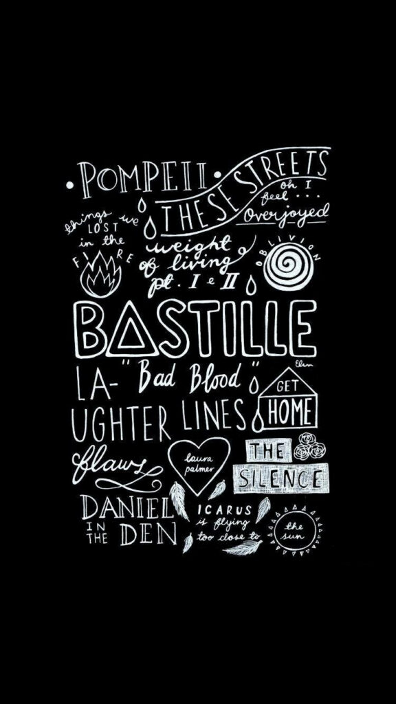 Hand-drawn Bastille song titles wallpaper black background stylish band tribute design