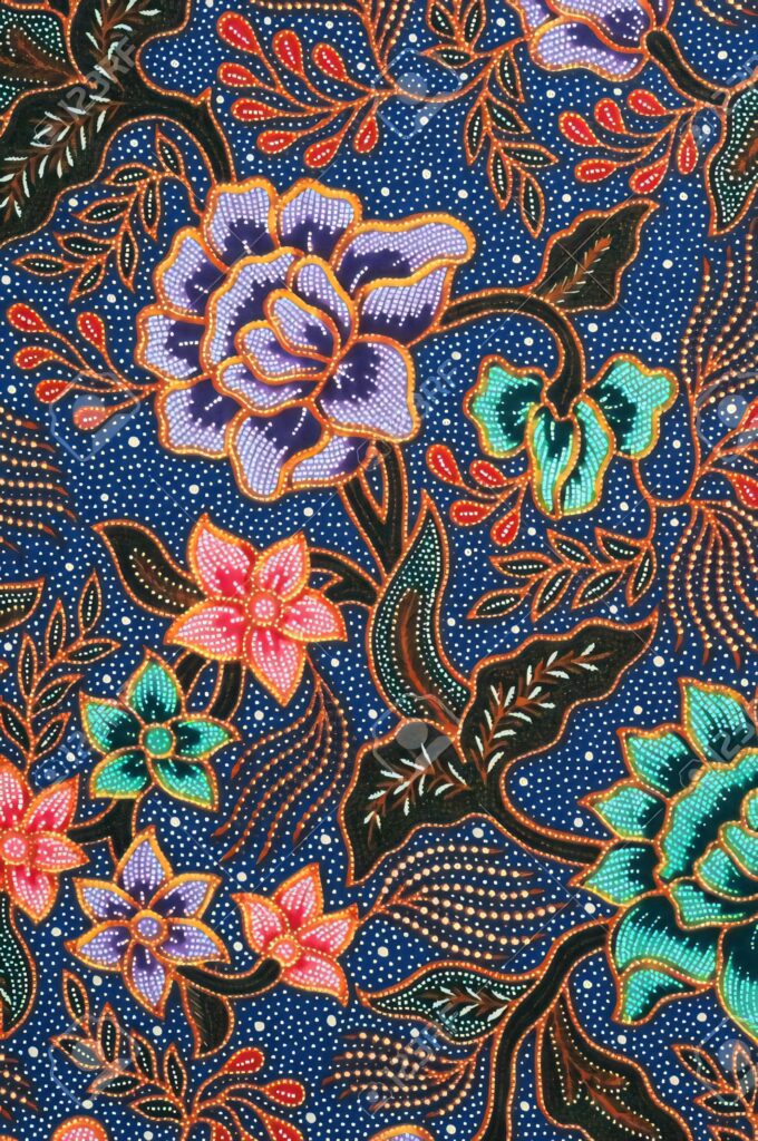 Lavender & Green Floral Batik Wallpaper on Deep Blue Background