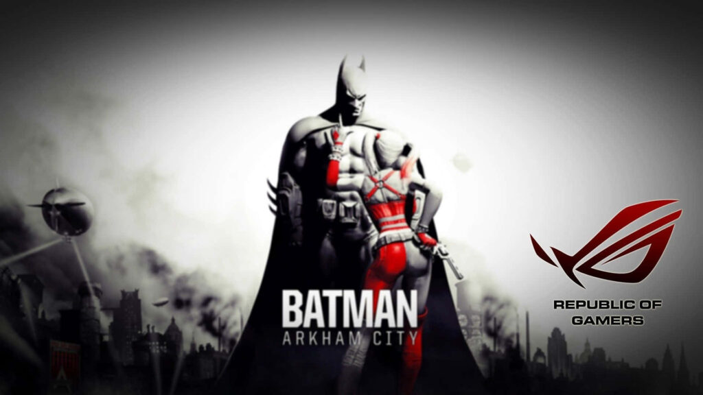 Batman Arkham City Asus ROG wallpaper featuring iconic heroes and Republic of Gamers logo