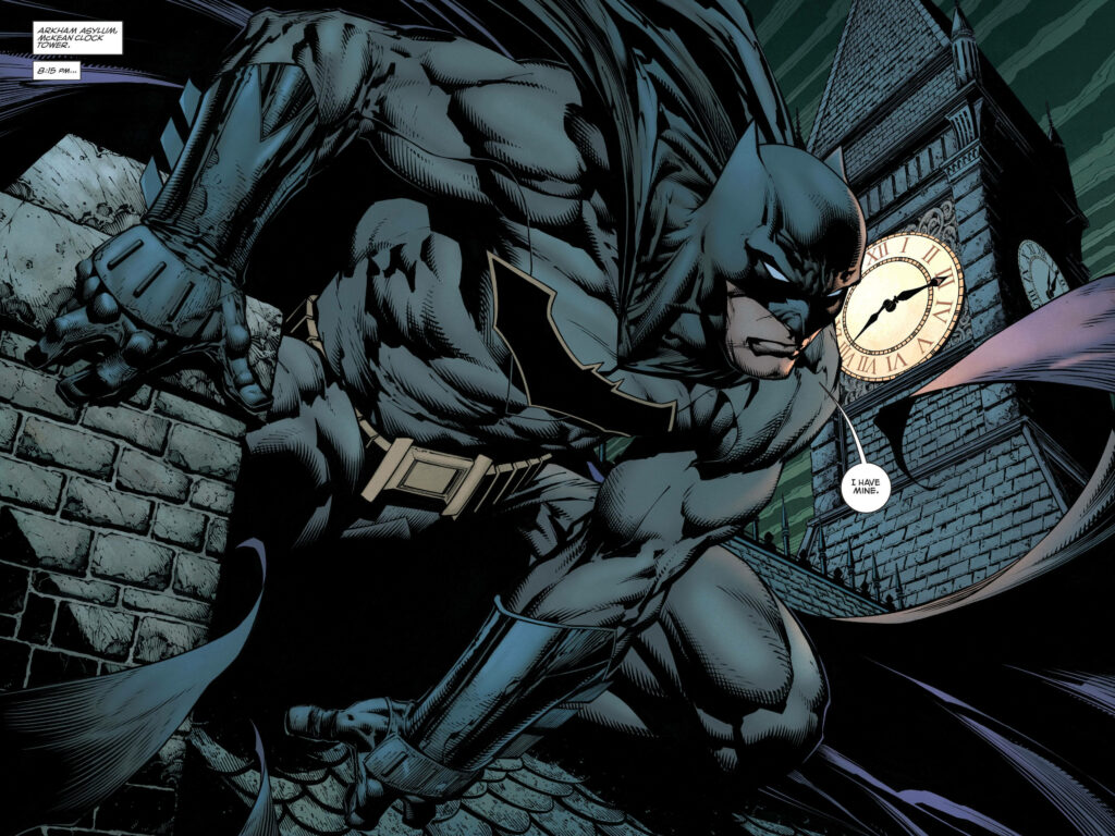 Batman classic comic style rooftop night sky clock tower 4K wallpaper vigilante action