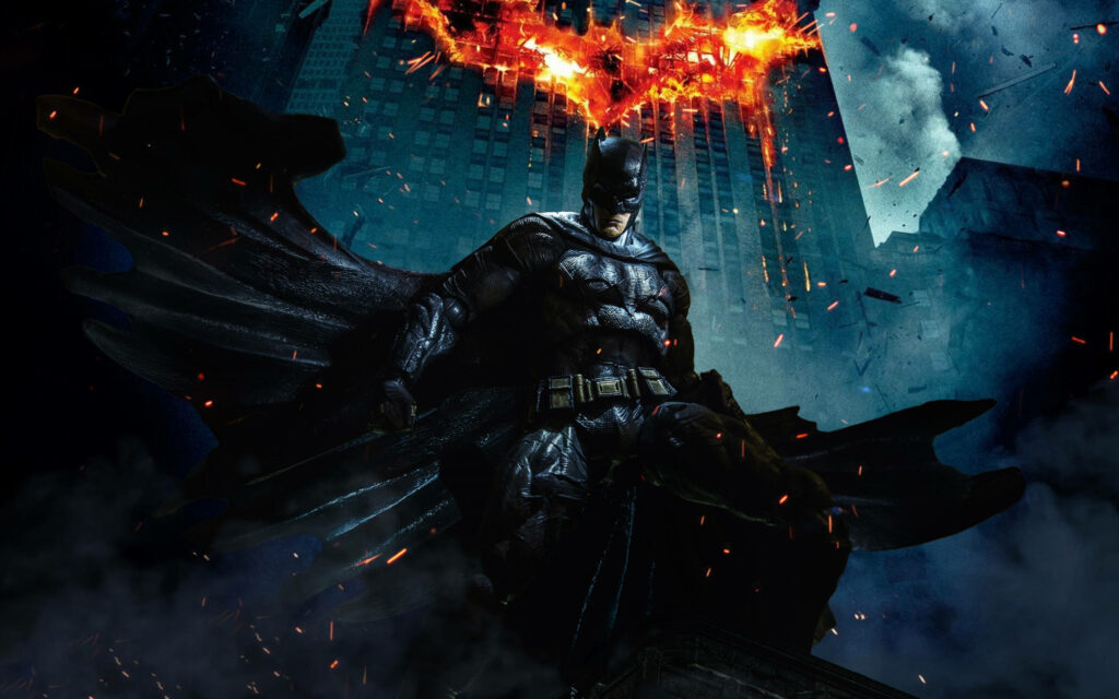 Batman Cloaked in Darkness: Fiery Bat Symbol Wallpaper Background