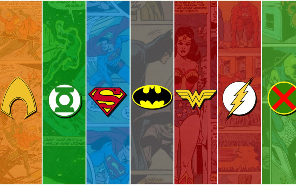 Batman logo centered with Justice League symbols on vibrant classic comic book wallpaper background