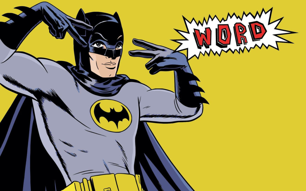 Batman confident pose vibrant pop art wallpaper yellow background comic style WORD text retro vibe