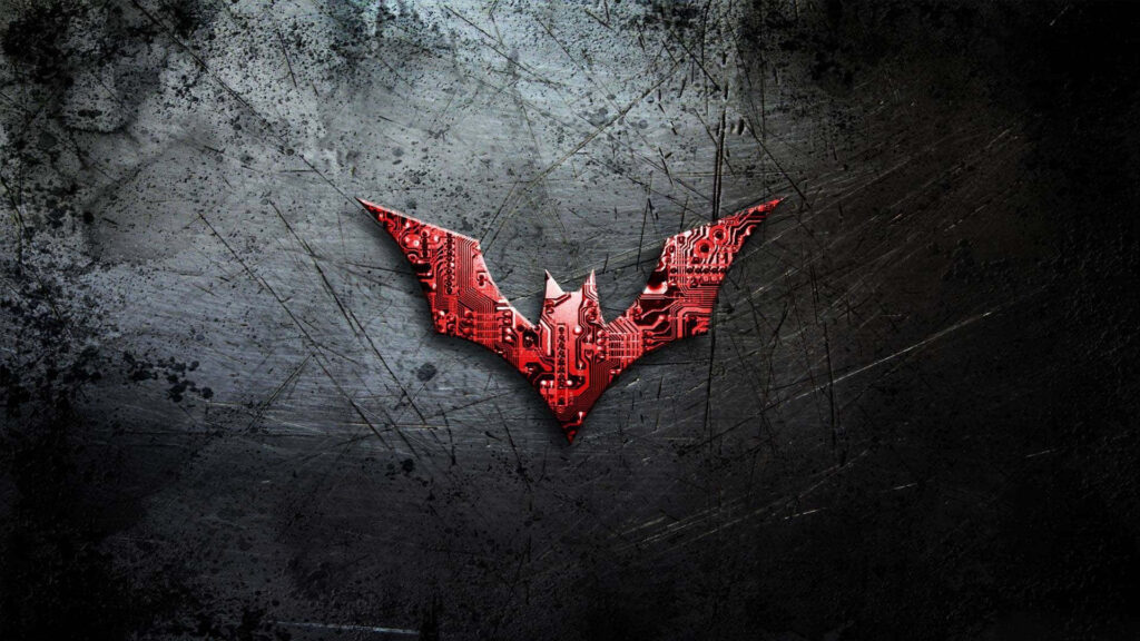 Batman red logo with circuit board pattern on dark textured background tech wallpaper