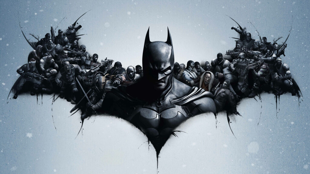 Batman at center bat symbol with iconic villains lineup 4K wallpaper background dark Gotham