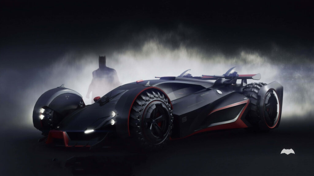 Batman in fog behind futuristic Batmobile with dramatic lighting dark mysterious wallpaper