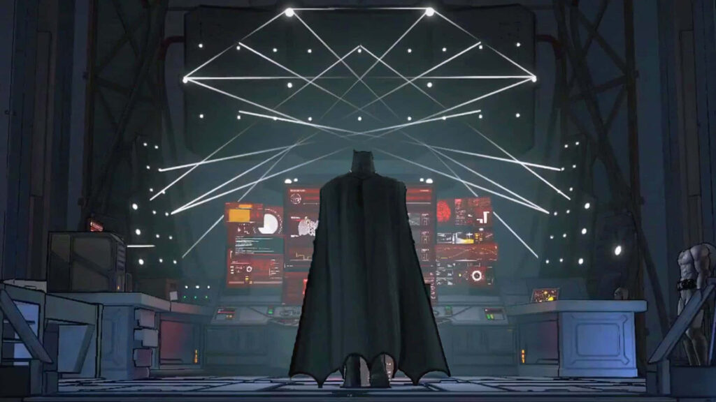 Batman in Batcave with glowing screens high tech gadgets dark mysterious secret headquarters wallpaper