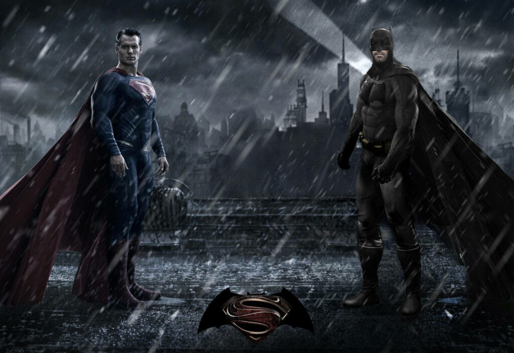 Batman and Superman face off on rainy rooftop at night with Gotham skyline and bat signal backdrop Wallpaper