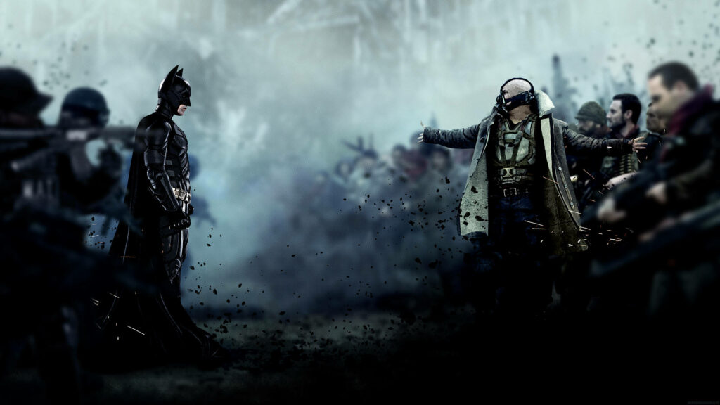 Batman vs. Bane: Intense Standoff Scene Wallpaper from The Dark Knight