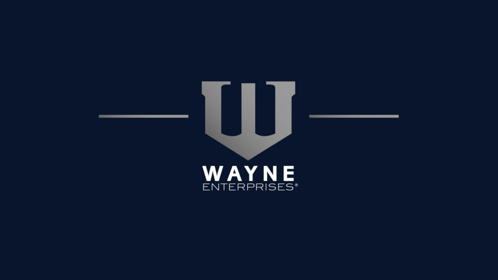 Wayne Enterprises HD wallpaper with metallic silver W emblem on deep navy blue background