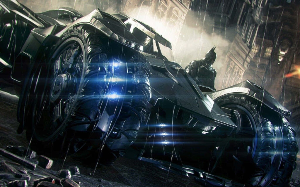The Night Rooftop Rendezvous: Batman's Beastly Batmobile Illuminated by Polished Azure Glow, Stationed Amidst Rainy Shadows as the Dark Knight Lingers Wallpaper