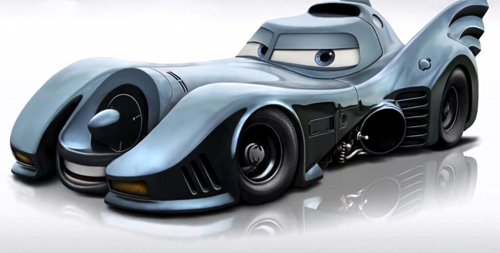 Batmobile inspired monster car wallpaper with bold cartoon eyes and animated personality design