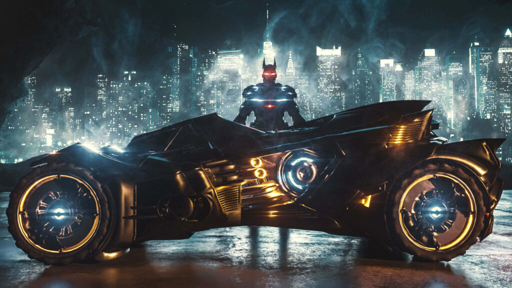 Legendary Gotham City: Experience a Breathtaking Aerial Perspective of the Iconic Batmobile Wallpaper