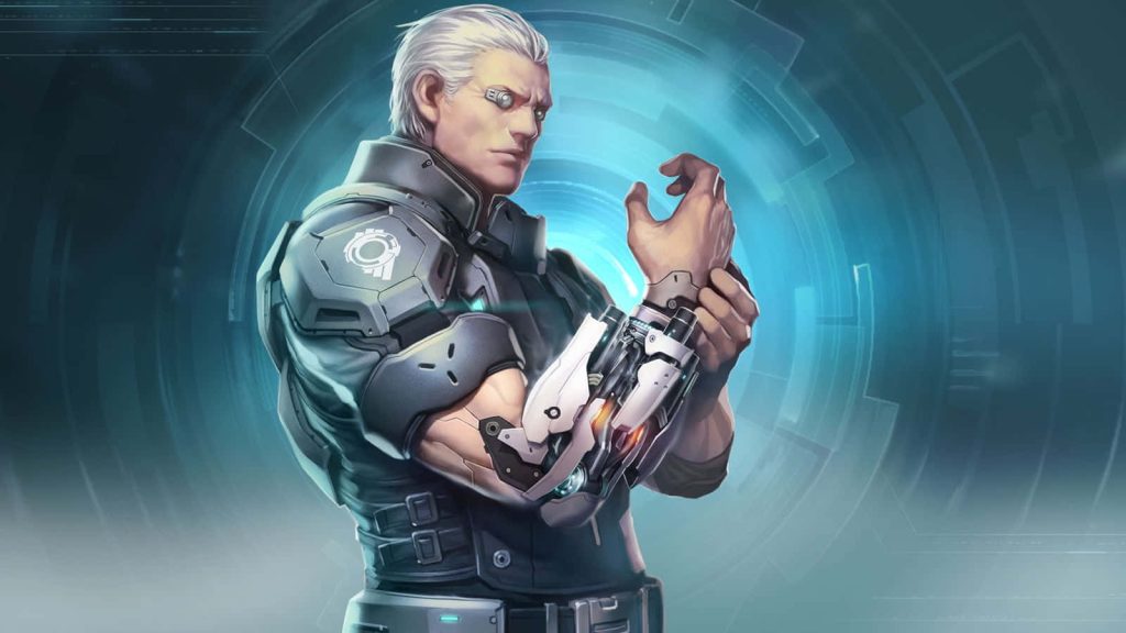 Batou from Ghost in the Shell with cybernetic arm and blue tech interface background wallpaper