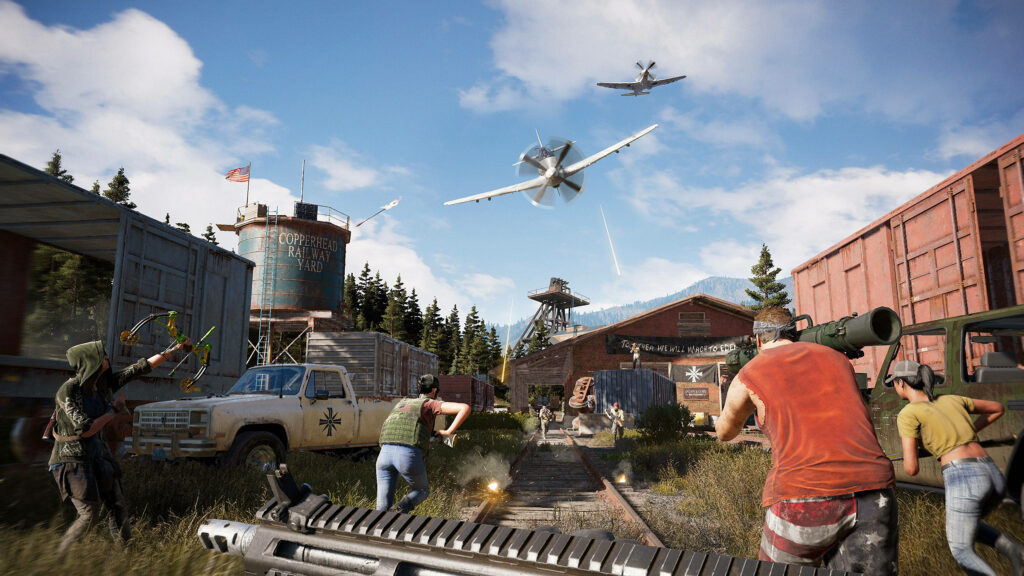 Chaos Unleashed: Epic Battle in Copperhead Rail Yard as Far Cry 5's Bold Characters Engage in Aerial Warfare Wallpaper