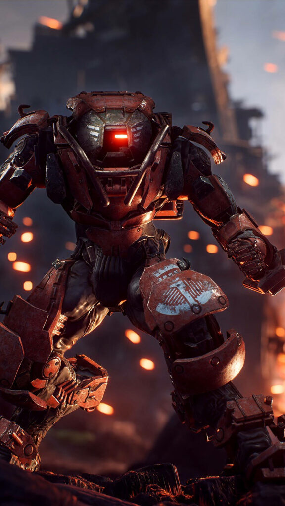 Battle Mode Colossus Javelin from Anthem amid embers and ruins dynamic game wallpaper