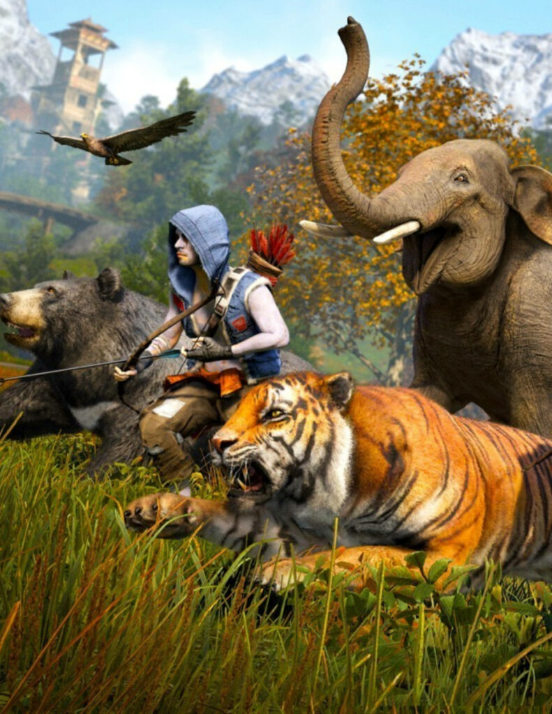Battle Royale in the Wilderness: A Thrilling HD Phone Wallpaper of Kyrat's Royal Hunter confronting Raging Elephant, Tiger, Hawk, and Bear amidst the Epic Clash