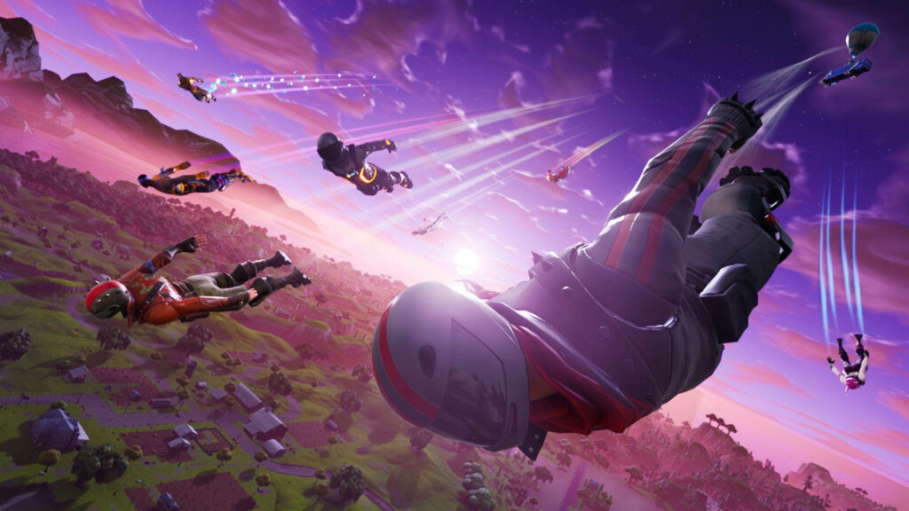 Adrenaline-Fueled Plunge: Players Dive into Battle from the Daring Battle Bus - Epic Fortnite Background Wallpaper