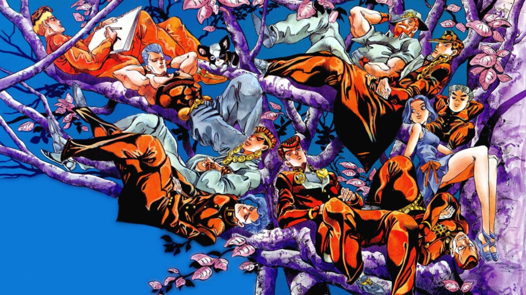Battle Tendency anime wallpaper vibrant characters relaxing on cherry blossom branches colorful outfits