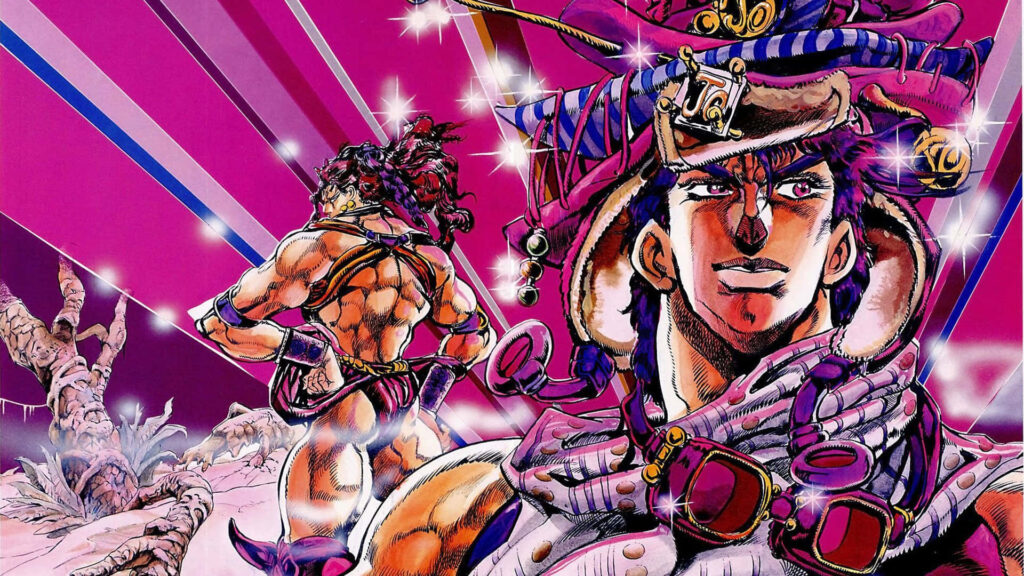Battle Tendency wallpaper featuring iconic characters in bold poses with vibrant anime colors