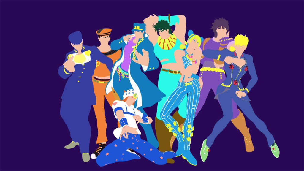 Battle Tendency wallpaper with dynamic JoJo's Bizarre Adventure character silhouettes in action poses