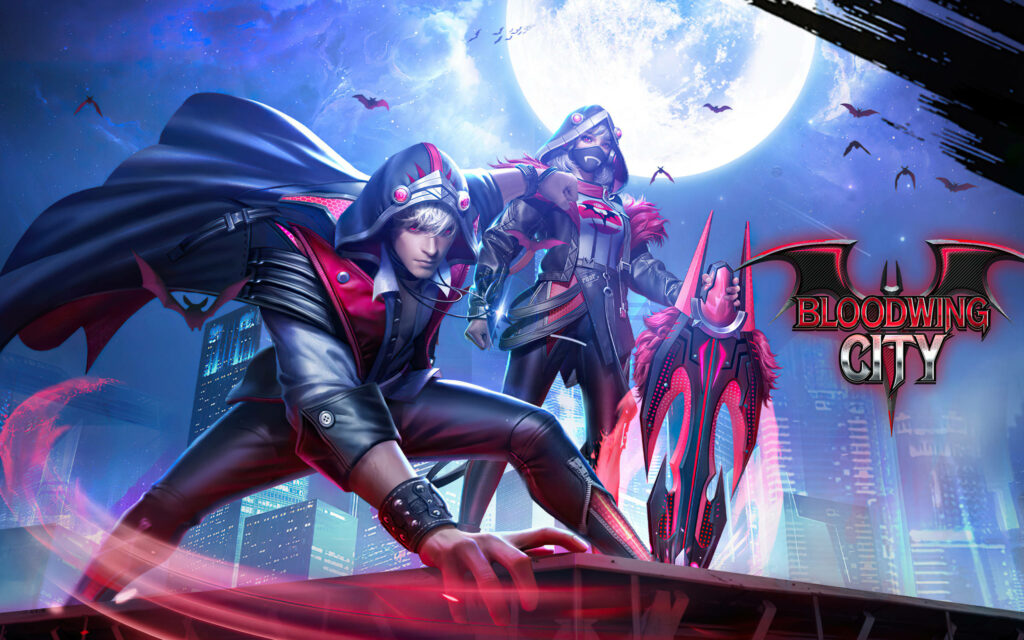 Bloodwing City's Dynamic Duo: Intense Free Fire 2021 Warriors Strike Epic Poses Against a Nighttime Urban Backdrop Wallpaper