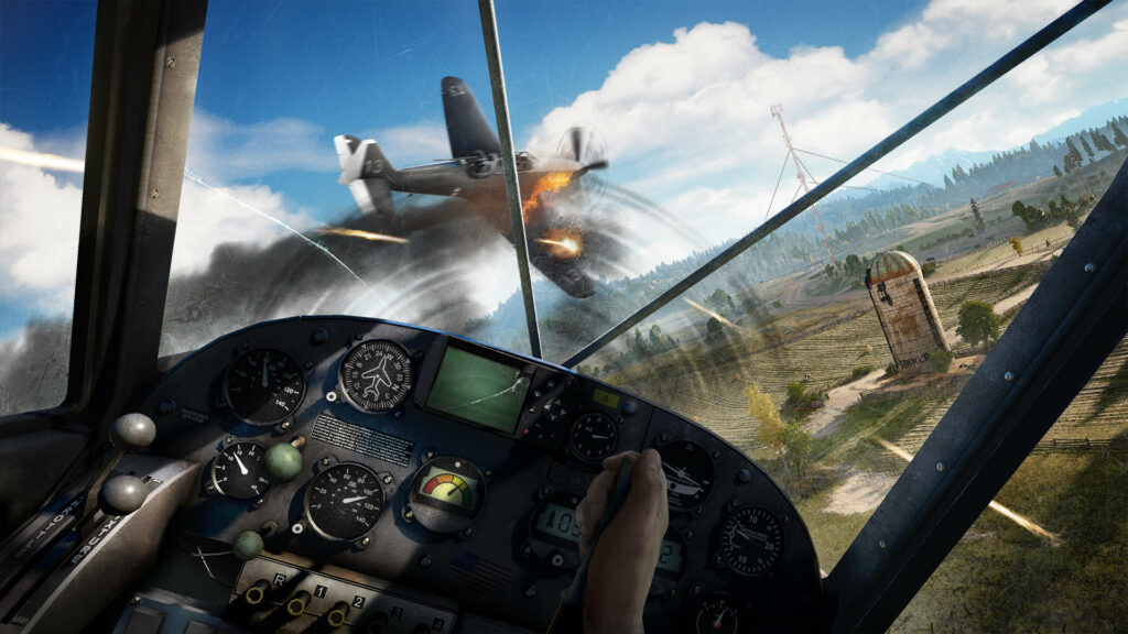 Adrenaline-Fueled Aero Combat: Fighter Jet's Epic Dogfight Over Far Cry 5's Rural Battlefield Wallpaper