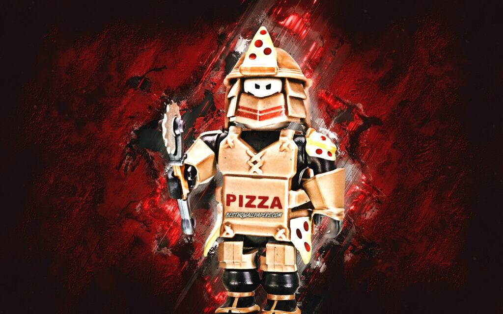 The Epic Adventure of the Loyal Pizza Warrior in Roblox: A Vibrant QHD Wallpaper featuring Red Stone Background and Roblox Characters