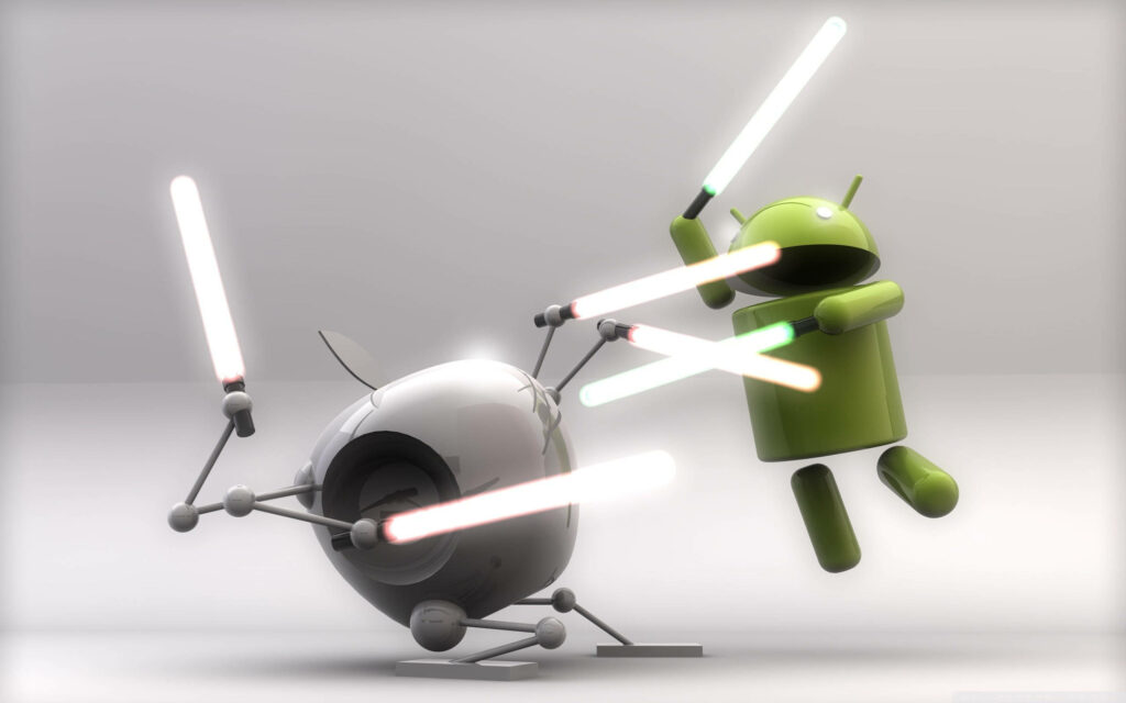 The Android vs. Apple Showdown: Hilarious 3D Robot Clash on a Clean White Desktop Wallpaper