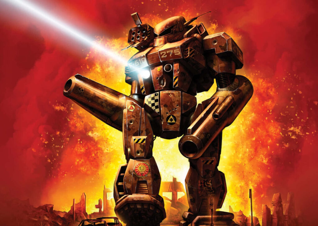 BattleMech fires intense laser in fiery battlefield high stakes BattleTech combat wallpaper background