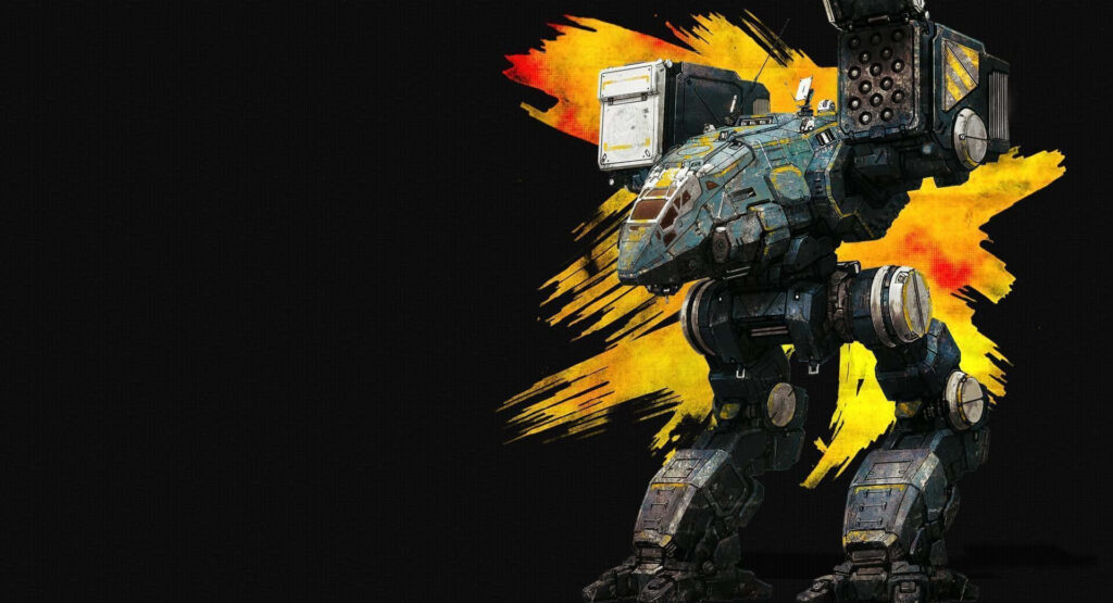 BattleTech mech ready for combat with fiery orange yellow background futuristic technology wallpaper
