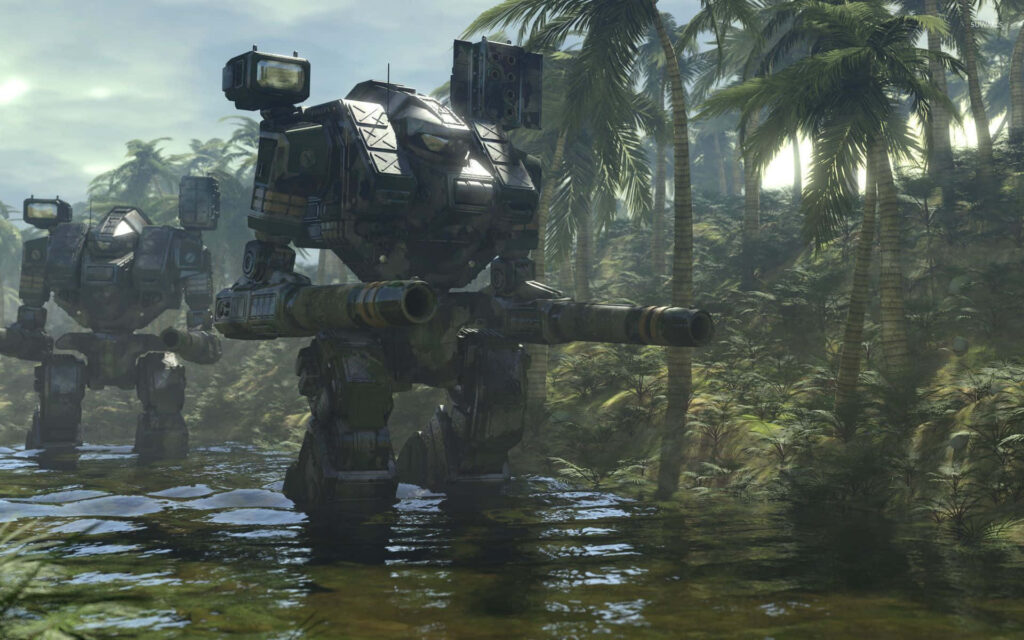Two BattleTech mechs march through lush jungle river surrounded by palms and dense foliage Wallpaper