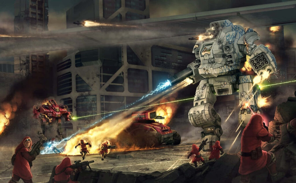 BattleTech mechs firing weapons in war-torn city with ground troops and armored vehicles combat Wallpaper