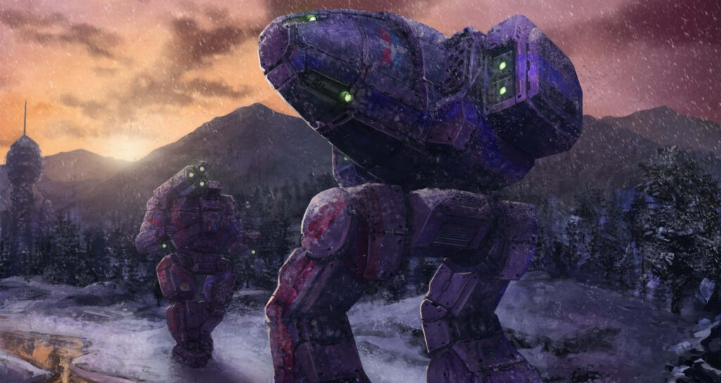 Two BattleTech mechs ready for combat in snowy mountains at sunset with falling snowflakes Wallpaper