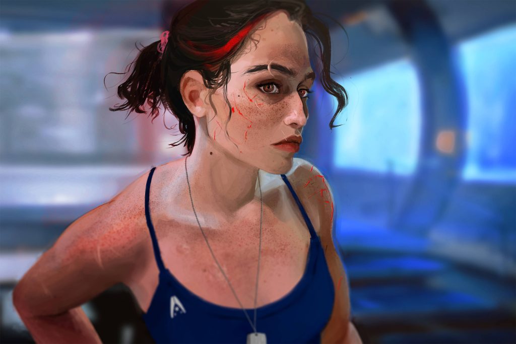Female Commander Shepard with Renegade scars and glowing red eyes in blue Alliance suit futuristic backdrop Wallpaper