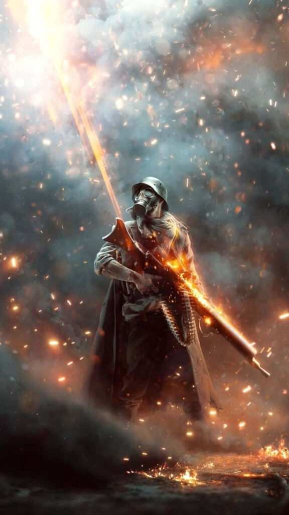 Glorious Battlefield 1 Artwork: Immersive Android Wallpaper Depicting a Gas-masked Warrior Wielding a Mighty Machine Gun