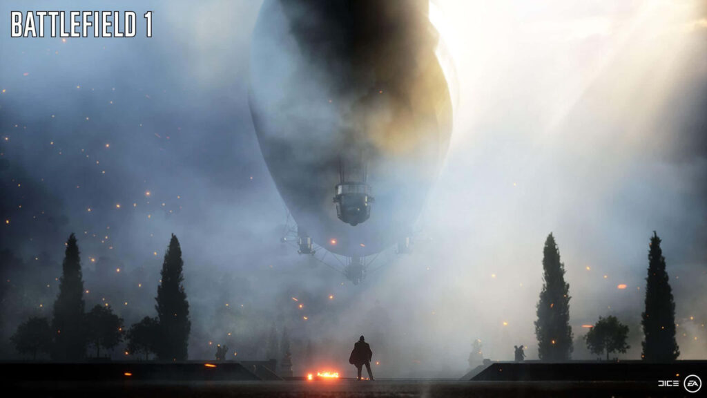 Behemoth Ascension: Epic 1440p Aerial View of Land-Hugging Zeppelin in Battlefield 1 Wallpaper