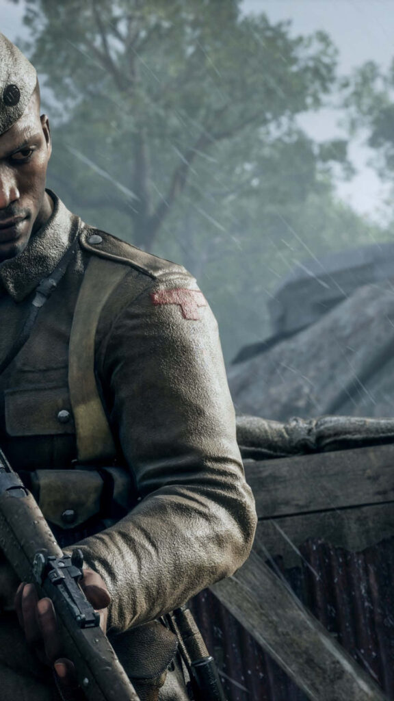 Warrior's Valor: Majestic Battlefield 1 Artwork Showcasing an African-American Soldier in Action Wallpaper