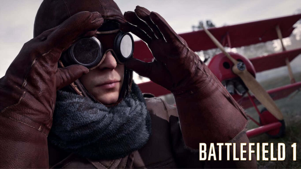 Battlefield 1 pilot adjusting goggles with vintage biplane in background Wallpaper