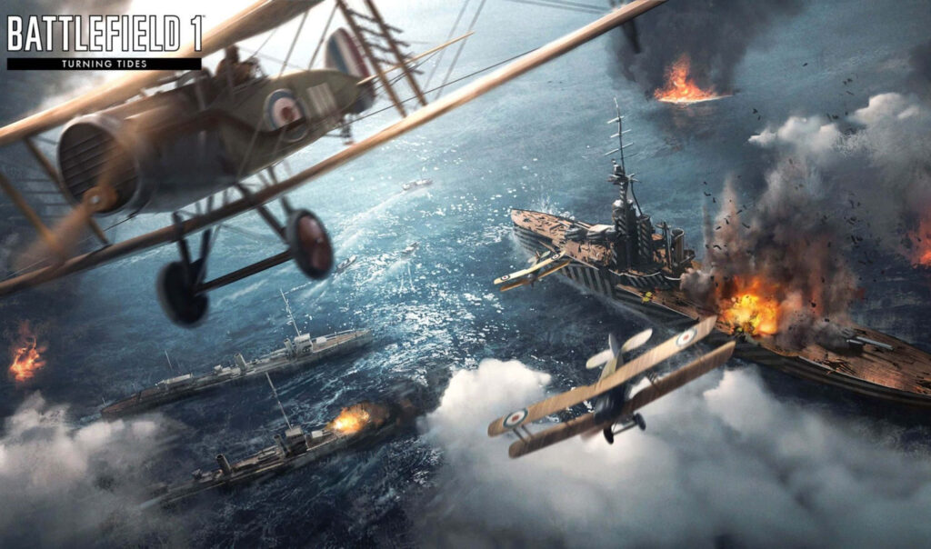 Battlefield 1 Turning Tides Wallpaper: Intense Sea Battle Scene with Biplanes and Explosions