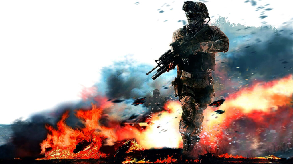 Epic Gamer Action: Battle-Ready Soldier Sprinting Amidst Explosive Inferno in Battlefield 1 Wallpaper