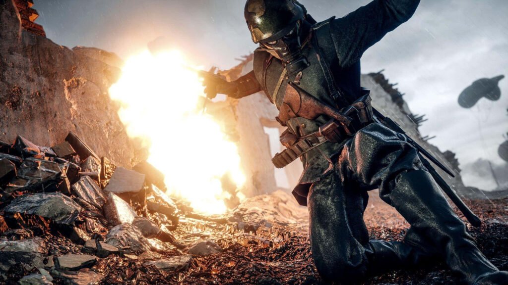 War-Heroic Escape: 1440p Battlefield Snapshot of a Fearless Soldier Leaping into Trench Amidst Explosions Wallpaper