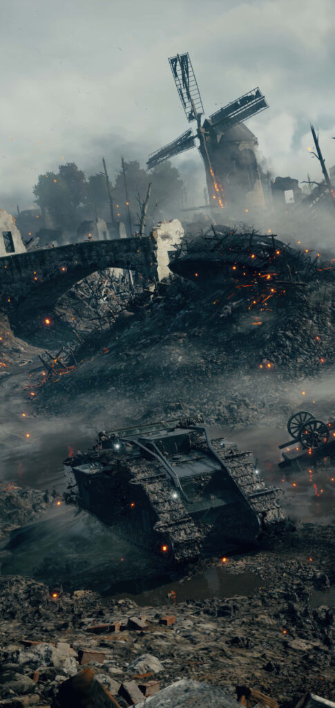 Destructive Arsenal Unleashed: Battlefield 1's Smoking Tank Amidst Chaos Wallpaper
